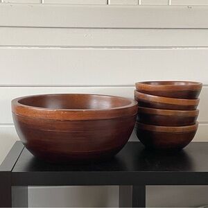 JUST IN 5 Piece Pottery Barn Wood Salad Bowl Set Serving Dish Party Family